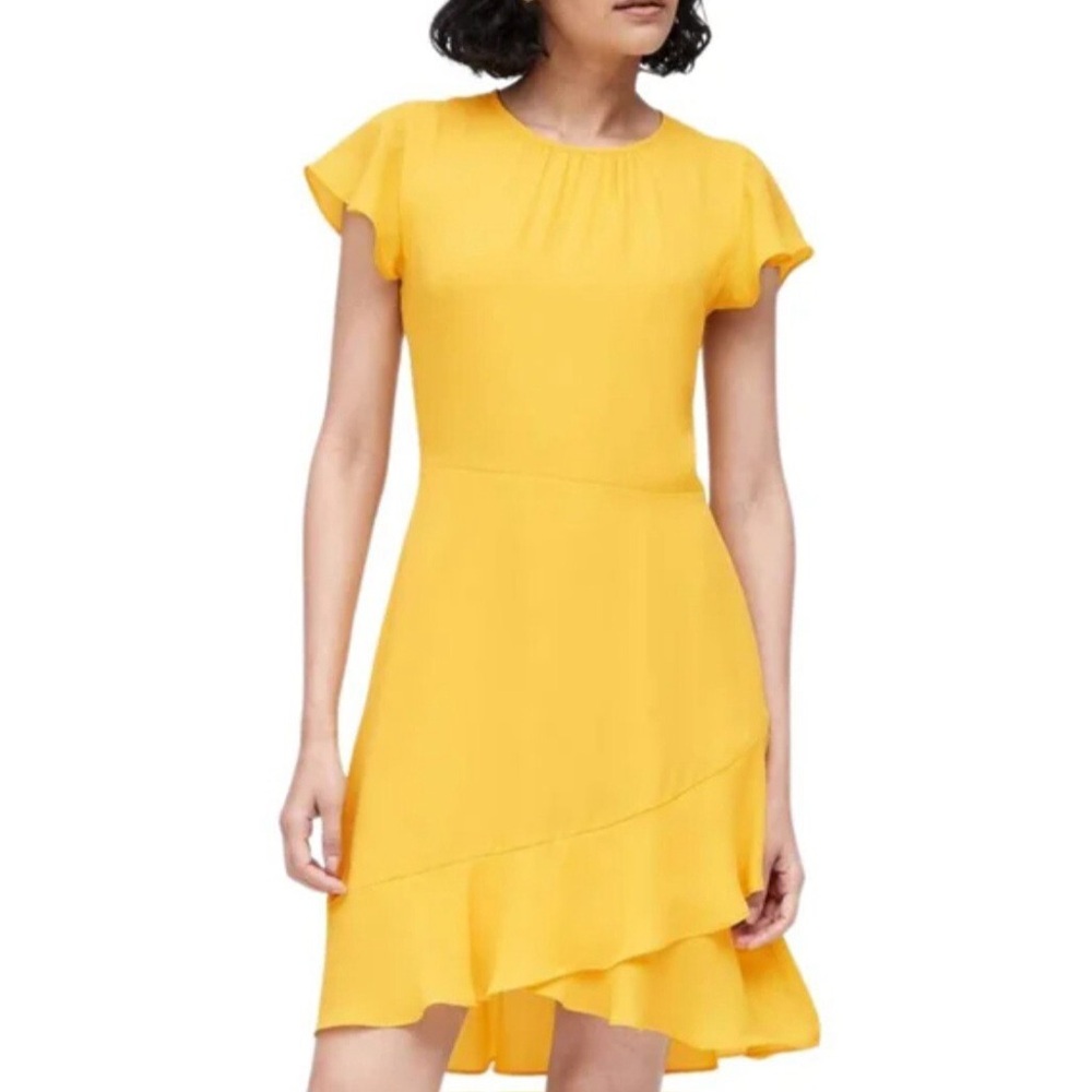 NWT Banana Republic Bright Yellow Flutter‎ Sleeve Ruffle Hem Dress Size 0